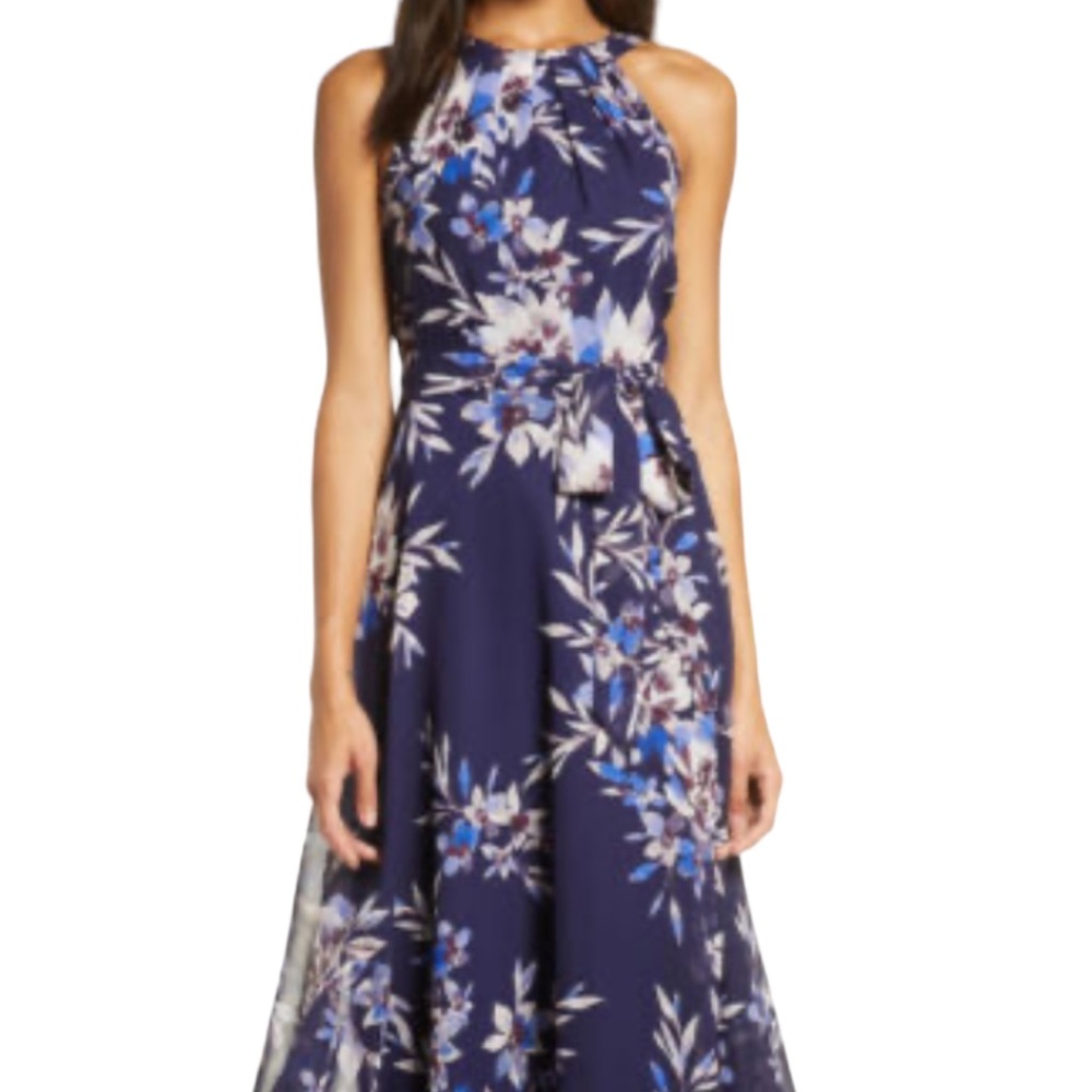 Eliza J Navy Blue Floral Halter Maxi Evening Wedding Party Dress Size 8 - Picture 5 of 14